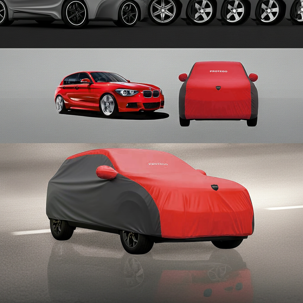 All-weather car cover over car, red front section with dark gray side panels