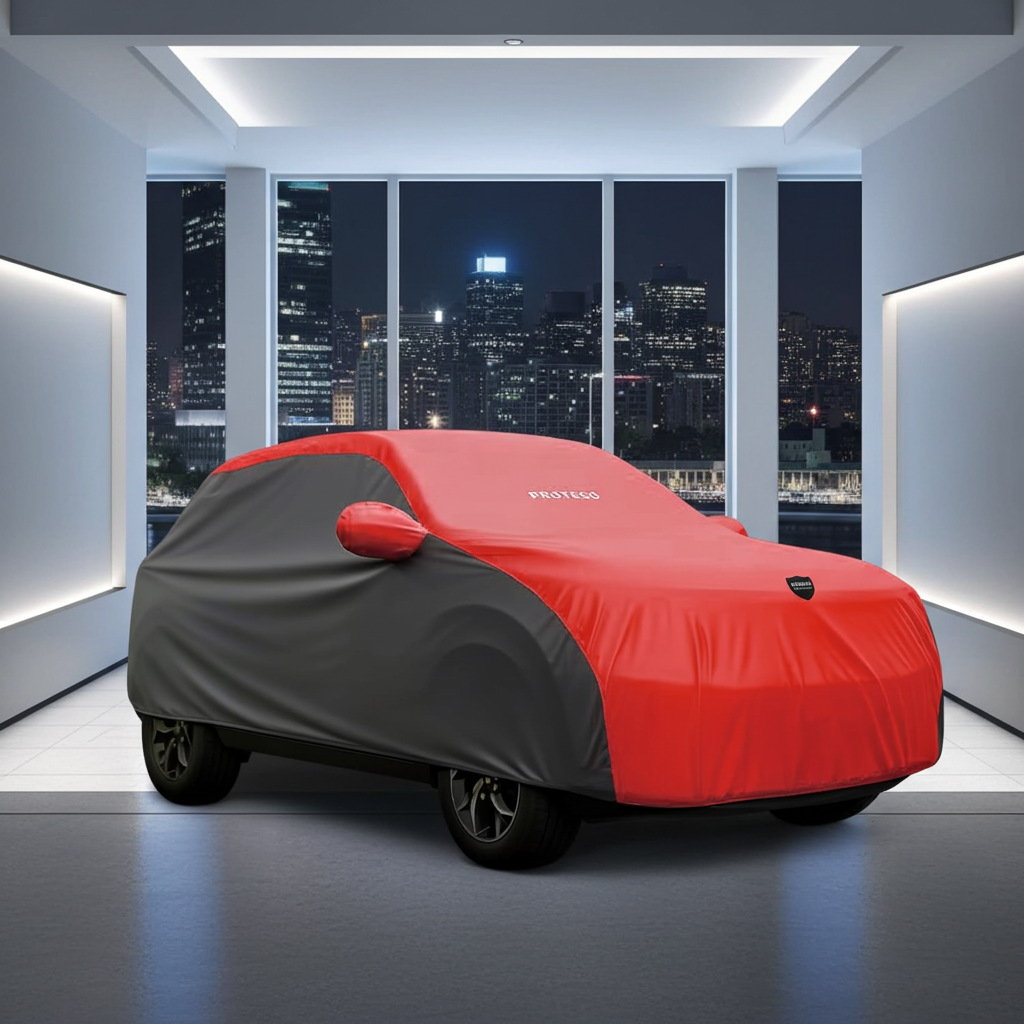 All-weather car cover over car, red top with dark gray front and mirror bulges