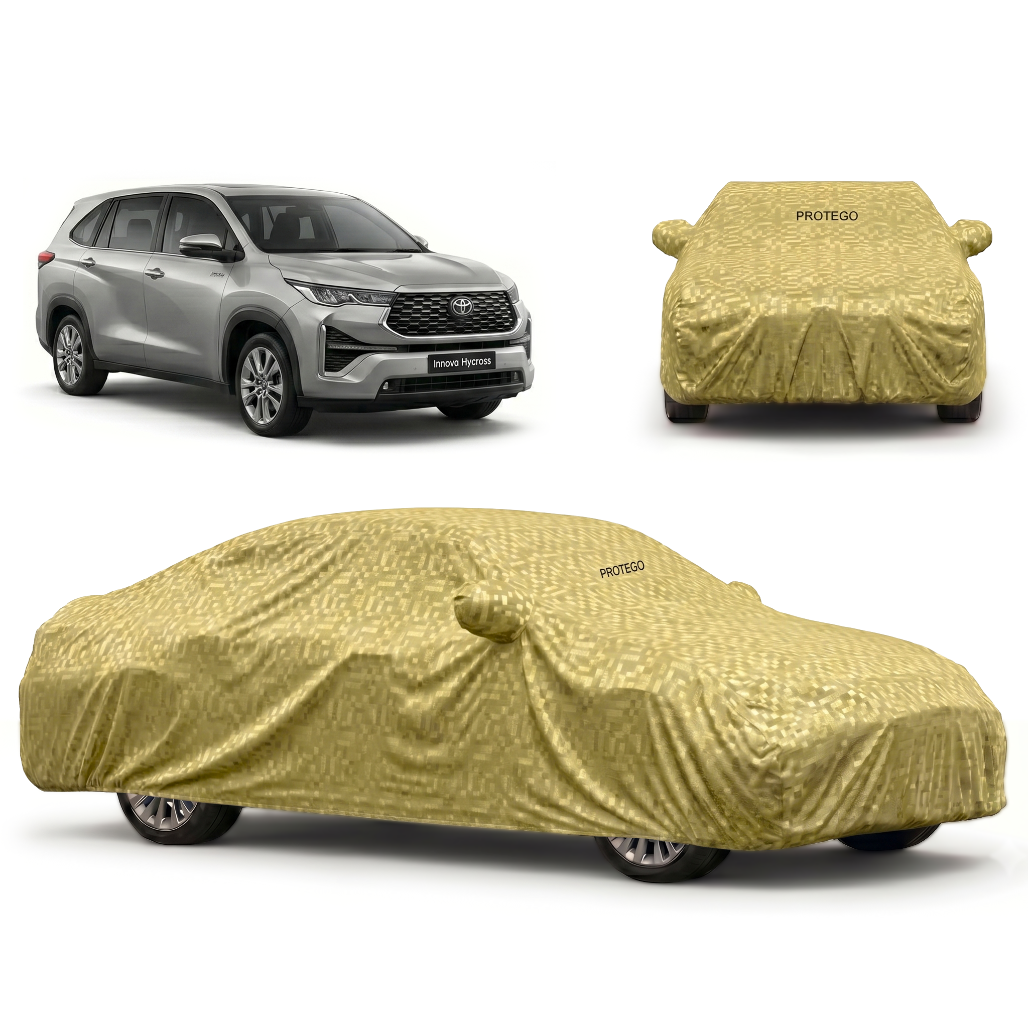 Car cover in gold fabric with textured pattern, elastic fit, and mirror pocket openings
