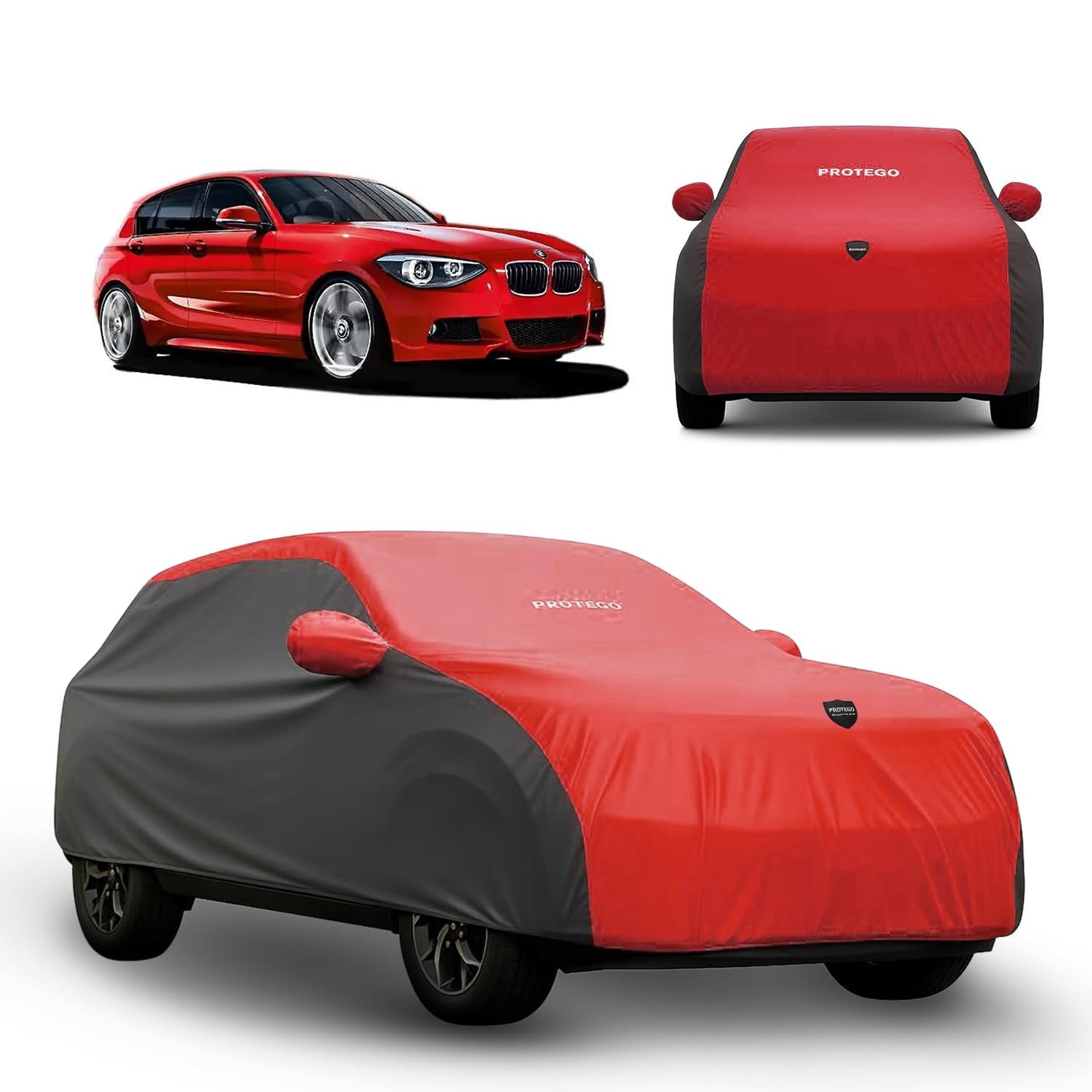 Red and black car cover with mirror pockets and front vehicle coverage