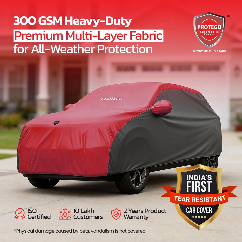Red and gray car cover with mirror pocket, full-coverage fit