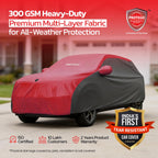 Red and gray car cover with mirror pocket, full-coverage fit