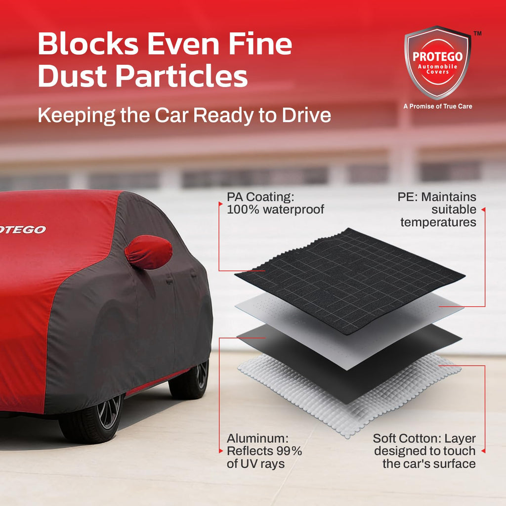 All-weather car cover in red and dark gray with elastic hood opening and side panels