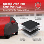 All-weather car cover in red and dark gray with elastic hood opening and side panels