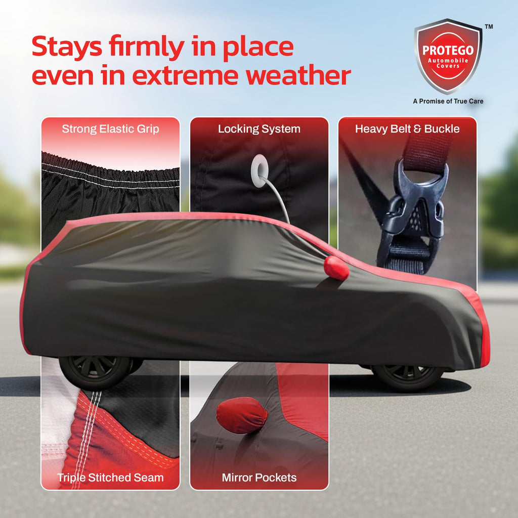 All-weather car cover in dark gray with red trim and front mirror pocket openings