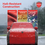 All-weather car cover in red with dark side panels and rounded elastic-fit corners