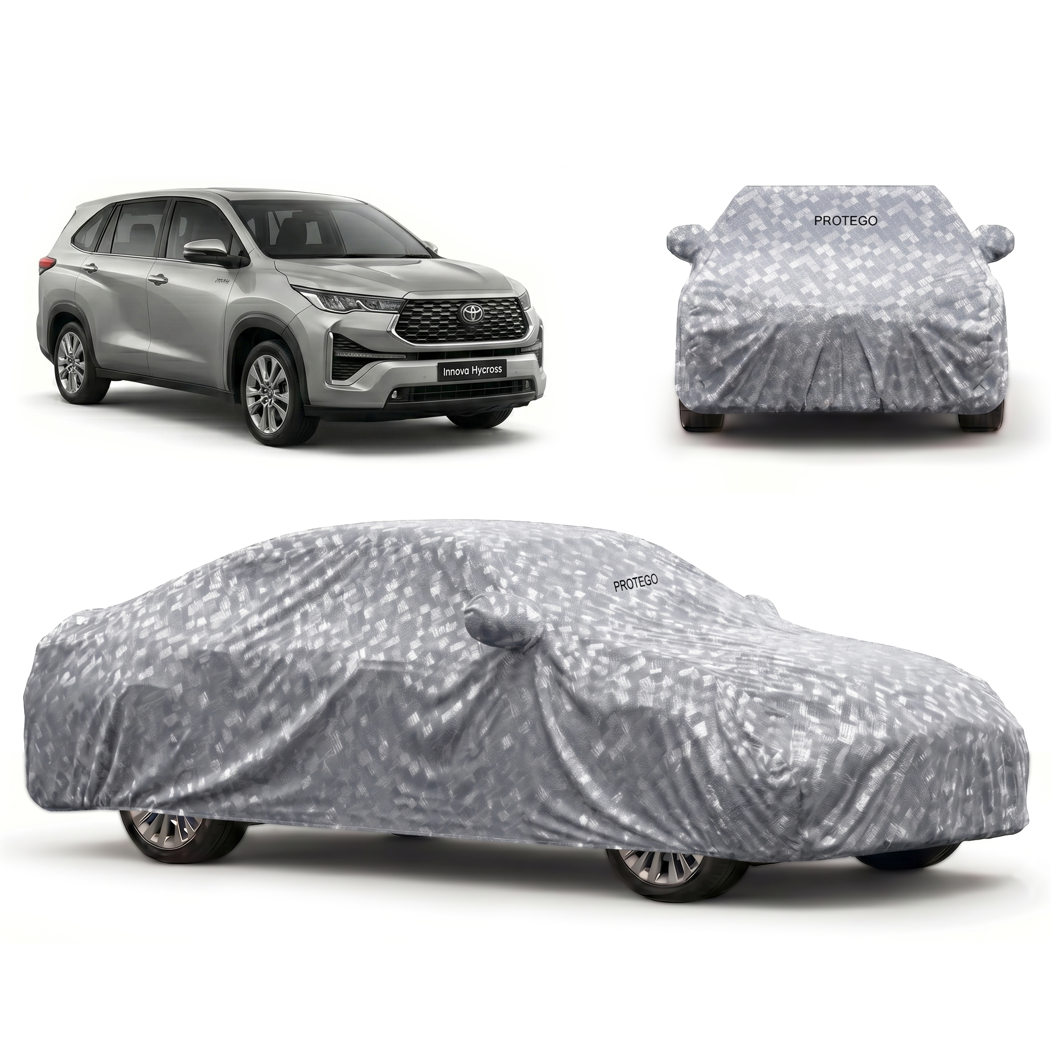 Car cover in light gray patterned fabric with elastic fit and mirror pocket openings