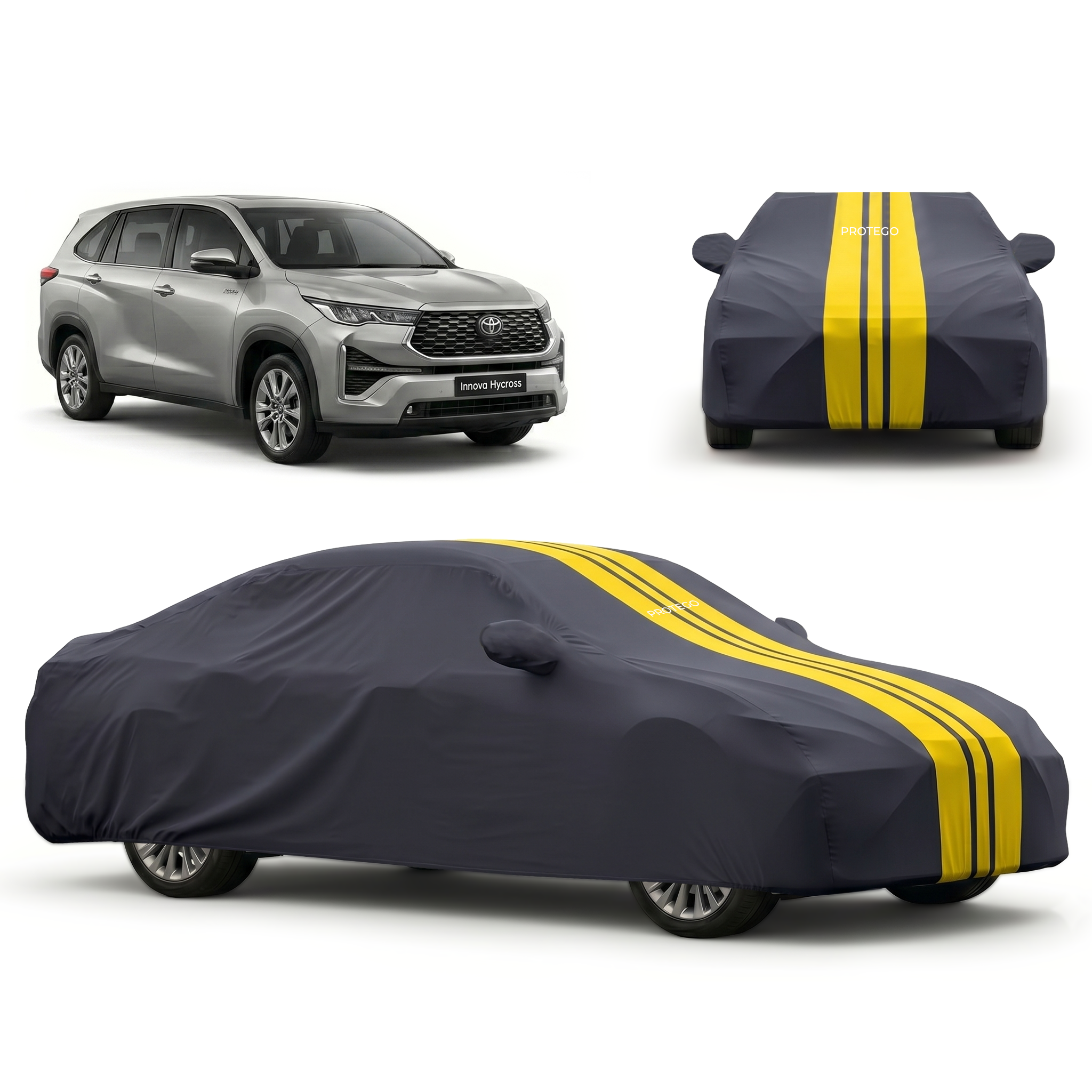 Car cover in dark fabric with two yellow center stripes and mirror pocket openings