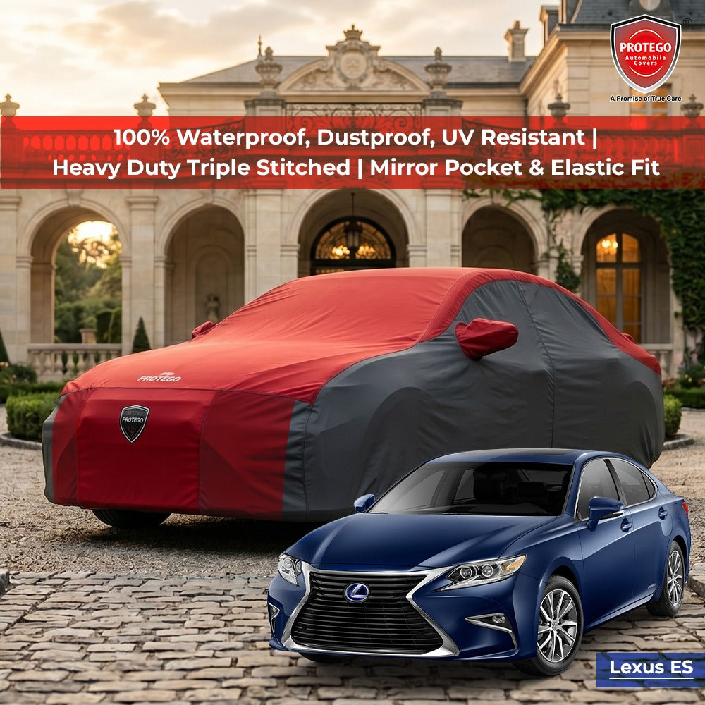 All-weather car cover in red and dark gray with mirror pocket, elastic fit