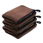 Thick brown microfiber cleaning cloth stack with dark blue silk-banded edges
